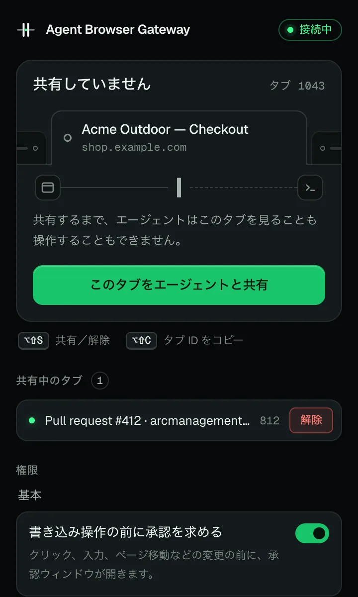 Acme Outdoor のチェックアウトタブを開いた ABG のポップアップ。共有していない状態で、「このタブをエージェントと共有」ボタンがあります。