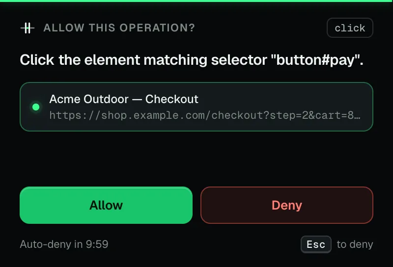 ABG approval window asking to allow a click on button#pay in the Acme Outdoor checkout tab, with Allow and Deny buttons.