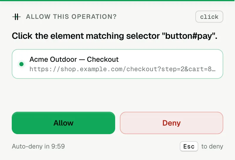 ABG approval window asking to allow a click on button#pay in the Acme Outdoor checkout tab, with Allow and Deny buttons.